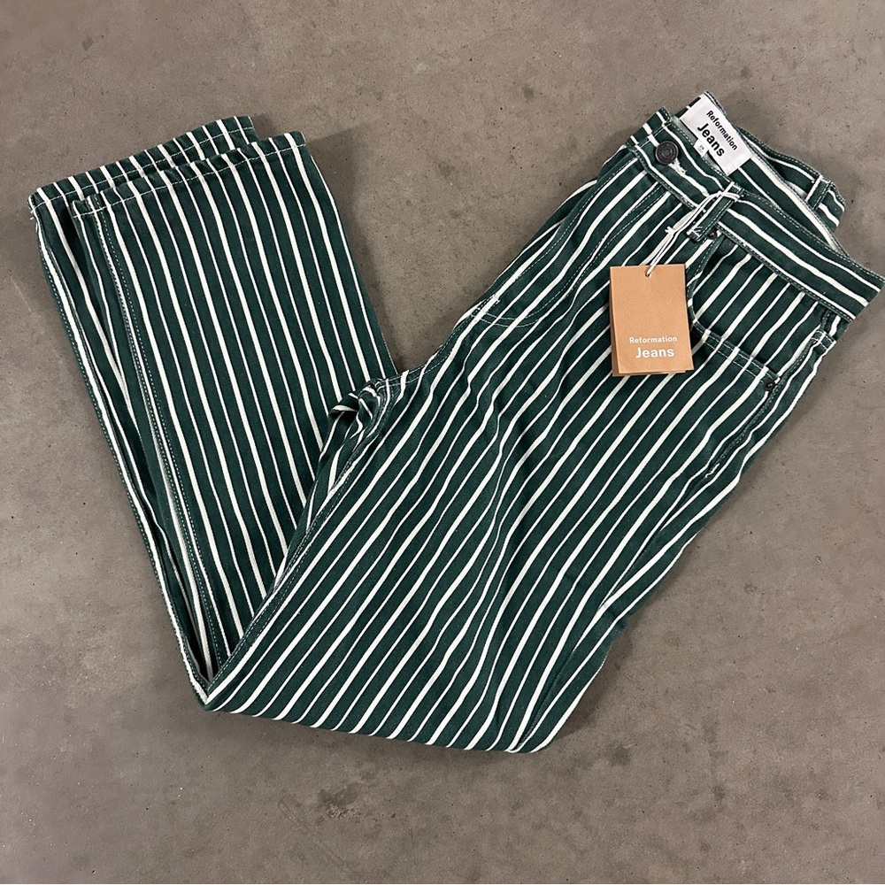Reformation Green and White Striped Jeans Sz. 29